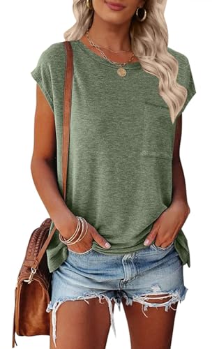 MEROKEETY Damen Casual Cap Sleeve T Shirts Basic Sommer Tops Lose Einfarbig Bluse mit Tasche, Lightolive, Groß von MEROKEETY