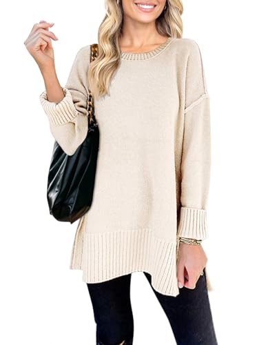 MEROKEETY Damen Casual Rundhals Side Split Pullover Sweater Lose Langarm Jumper Top, Beige, Large von MEROKEETY