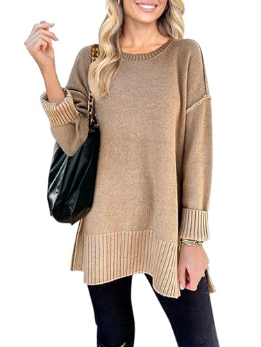 MEROKEETY Damen Casual Rundhals Side Split Pullover Sweater Lose Langarm Jumper Top, khaki, Klein von MEROKEETY