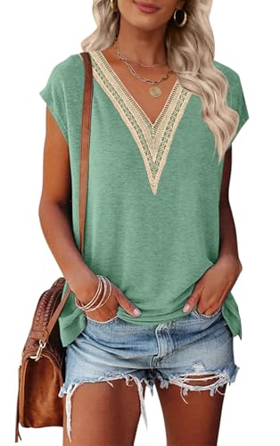 MEROKEETY Damen Flügelärmel V-Ausschnitt Spitze Häkeln T-Shirts Basic Einfarbig Top Bluse, Grün, Medium MEROKEETY Damen Flügelärmel V-Ausschnitt Spitze Häkeln T-Shirts Basic Einfarbig Top Bluse, Grün, Medium von MEROKEETY