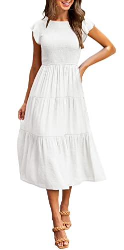 MEROKEETY Damen Flutter Kurzarm Gesmoktes Midikleid Sommer Casual Gestuftes A-Linie Kleid, Weiß, Klein von MEROKEETY