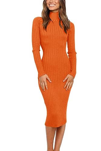 MEROKEETY Damen Geripptes Langarm-Pulloverkleid mit hohem Halsausschnitt, schmale Passform, gestricktes Midikleid, Orange/Abendrot im Zickzackmuster (Sunset Chevron), X-Groß von MEROKEETY