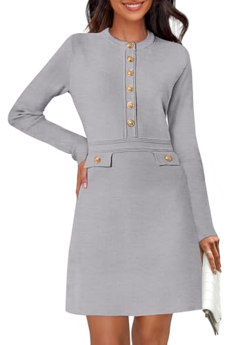 MEROKEETY Damen Herbst 2025 Langarm Bodycon Pullover Kleid Knopf Rundhals Winter formelle Minikleider, Lightgrey, Mittel von MEROKEETY
