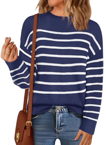 MEROKEETY Damen Herbst Langarm Gestreift Pullover Pullover 2024 Trendy Rollkragen Casual Knit Tops, Marineblau, Klein von MEROKEETY