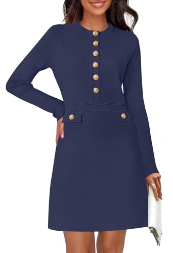 MEROKEETY Damen Langarm Bodycon Pullover Kleid Knopf Rundhals Elegant Formell Minikleider, Marineblau, Klein von MEROKEETY