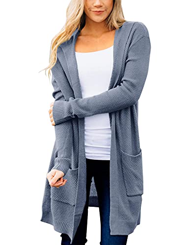 MEROKEETY Damen Langarm Open Front Hoodie Knit Sweater Cardigan mit Taschen, A-dustyblue, Klein von MEROKEETY