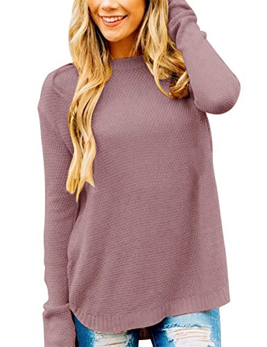 MEROKEETY Damen Langarm Oversize Rundhals Einfarbig Strickpullover Pullover Oberteile, Dustypink, Groß von MEROKEETY