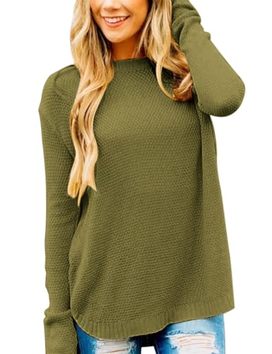 MEROKEETY Damen Langarm Oversized Rundhals Einfarbig Strickpullover Pullover Tops, Olivgrün, Klein von MEROKEETY