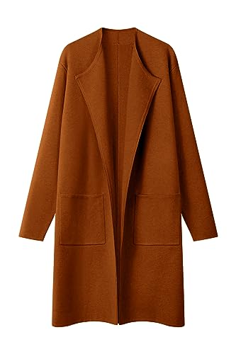 MEROKEETY Damen Langarm Revers Open Front Cardigan Mantel Casual Knit Sweater mit Taschen, Caramel, Groß von MEROKEETY