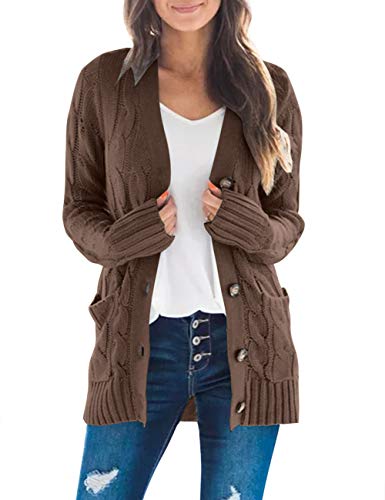 MEROKEETY Damen Langarm Zopfmuster Pullover Open Front Cardigan Knopf Lose Oberbekleidung, coffee, Groß von MEROKEETY