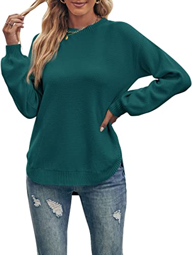 MEROKEETY Damen Lange Ballonärmel Rundhals Pullover Tops Waffelstrick Weich Pullover Pullover, Tealgreen, Klein von MEROKEETY