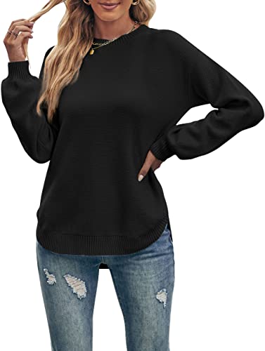 MEROKEETY Damen Lange Ballonärmel Rundhals Pullover Tops Waffelstrick Weich Pullover Pullover, schwarz, Groß von MEROKEETY