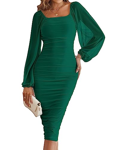 MEROKEETY Damen Lange Puffärmel Geraffte Bodycon Kleid Square Neck Mesh Cocktail Party Midi Kleider, Dunkelgrün, Groß von MEROKEETY