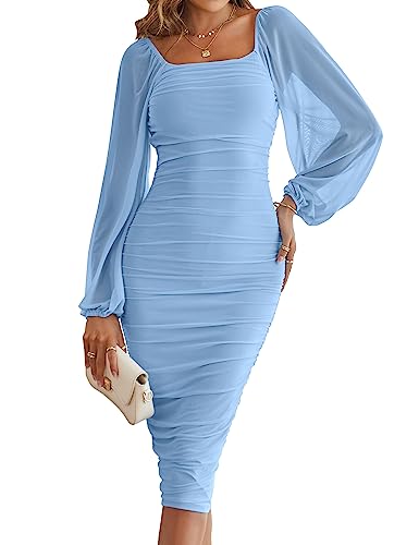 MEROKEETY Damen Lange Puffärmel Geraffte Bodycon Kleid Square Neck Mesh Cocktail Party Midi Kleider, Hellblau, XX-Large von MEROKEETY