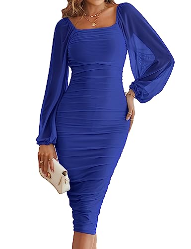 MEROKEETY Damen Lange Puffärmel Geraffte Bodycon Kleid Square Neck Mesh Cocktail Party Midi Kleider, Königlich (Royal), X-Groß von MEROKEETY