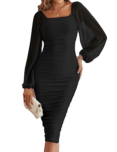 MEROKEETY Damen Lange Puffärmel Geraffte Bodycon Kleid Square Neck Mesh Cocktail Party Midi Kleider, Schwarz, Mittel von MEROKEETY