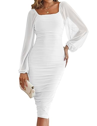 MEROKEETY Damen Lange Puffärmel Geraffte Bodycon Kleid Square Neck Mesh Cocktail Party Midi Kleider, Weiss/opulenter Garten, Klein von MEROKEETY