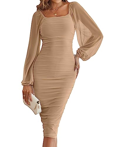 MEROKEETY Damen Lange Puffärmel Geraffte Bodycon Kleid Square Neck Mesh Cocktail Party Midi Kleider, aprikose, Groß von MEROKEETY