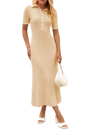 MEROKEETY Damen Maxikleid mit V-Ausschnitt, gerippt, Knopfleiste, Kurze Ärmel, schmale Passform, figurbetontes Pulloverkleid, Aprikose, Groß MEROKEETY Damen Maxikleid mit V-Ausschnitt, gerippt, Knopfleiste, Kurze Ärmel, schmale Passform, figurbetontes Pulloverkleid, Aprikose, Groß von MEROKEETY