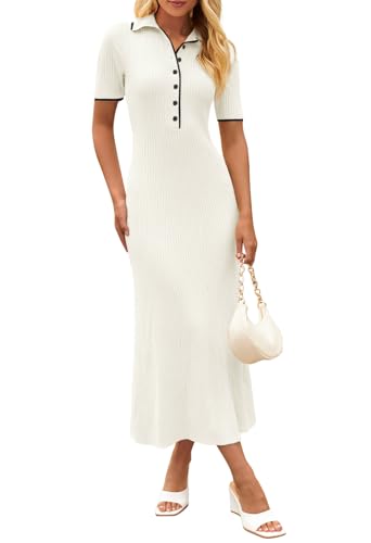 MEROKEETY Damen Maxikleid mit V-Ausschnitt, gerippt, Knopfleiste, Kurze Ärmel, schmale Passform, figurbetontes Pulloverkleid, Beige, X-Groß MEROKEETY Damen Maxikleid mit V-Ausschnitt, gerippt, Knopfleiste, Kurze Ärmel, schmale Passform, figurbetontes Pulloverkleid, Beige, X-Groß von MEROKEETY
