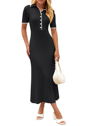 MEROKEETY Damen Maxikleid mit V-Ausschnitt, gerippt, Knopfleiste, Kurze Ärmel, schmale Passform, figurbetontes Pulloverkleid, Schwarz, X-Groß von MEROKEETY