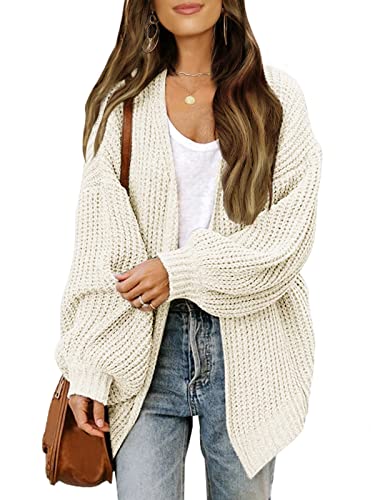 MEROKEETY Damen Offene Vorderseite Langarm Cardigan Oversized Chunky Outwear mit Tasche, beige, X-Groß von MEROKEETY