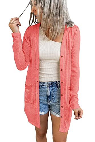 MEROKEETY Damen Offene Vorderseite Leichte Strickjacke Langarm Button Down Loose Outwear, Koralle, X-Groß von MEROKEETY