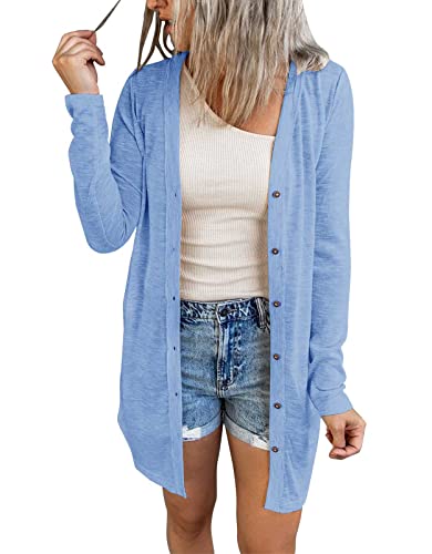 MEROKEETY Damen Open Front Leichte Strickjacke Langarm Knopfleiste Lose Outwear, blau, Groß von MEROKEETY