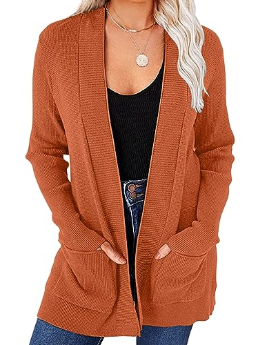 MEROKEETY Damen Open Front Waffel Knit Cardigan Langarm Gemütliche Strickpullover mit Taschen, caramel, Groß von MEROKEETY