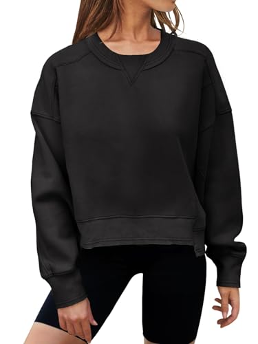 MEROKEETY Damen Oversized Cropped Sweatshirts Rundhalsausschnitt Trendy Workout Pullover Sweater Herbst Outfits, Schwarz, XS von MEROKEETY