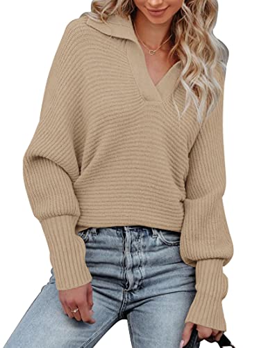 MEROKEETY Damen-Pullover mit Fledermausärmel, V-Ausschnitt, Faltkragen, lässiger Strickpullover, Khaki, X-Groß von MEROKEETY