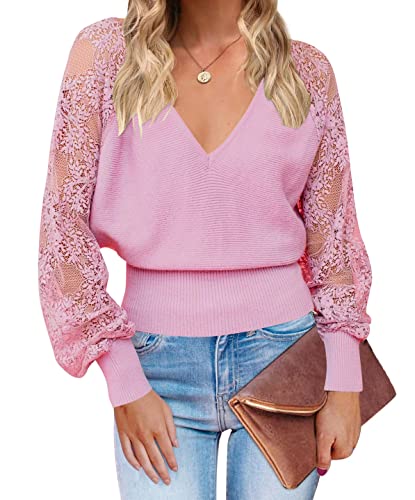 MEROKEETY Damen-Pullover mit V-Ausschnitt, Spitze, langärmelig, gerippt, einfarbig, Pullover, Pink, Groß von MEROKEETY