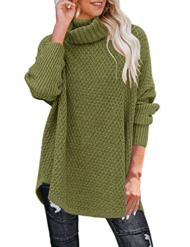 MEROKEETY Damen Rollkragen Langarm Tunika Pullover Oversized Grobstrick Pullover Pullover Tops, Army Grün, Mittel von MEROKEETY