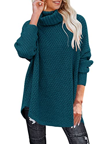 MEROKEETY Damen Rollkragen Langarm Tunika Pullover Oversized Grobstrick Pullover Pullover Tops, blaugrün, Groß von MEROKEETY