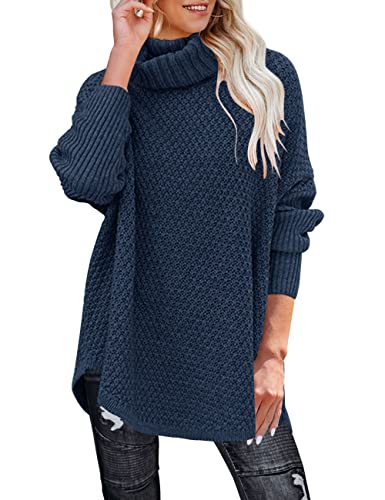 MEROKEETY Damen Rollkragen Langarm Tunika Pullover Oversized Grobstrick Pullover Pullover Tops, navy, Klein von MEROKEETY