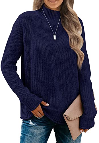 MEROKEETY Damen Rollkragenpullover mit langen Ärmeln, gemütlicher Strickpullover, navy, X-Groß von MEROKEETY