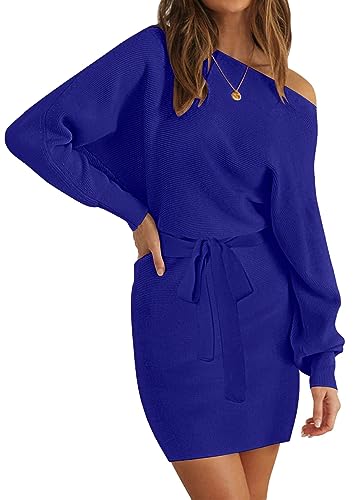 MEROKEETY Damen Schulterfrei Fledermausärmel Pulloverkleid Rippstrick Bodycon Minikleider mit Gürtel, Kobalt, Mittel von MEROKEETY