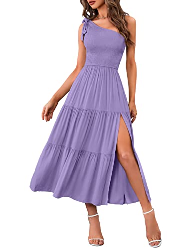 MEROKEETY Damen-Sommerkleid, einschultrig, ärmellos, Knoten, gesmokt, Midi-Kleid, mit Schlitz und fließenden Volants, Violett, Klein von MEROKEETY