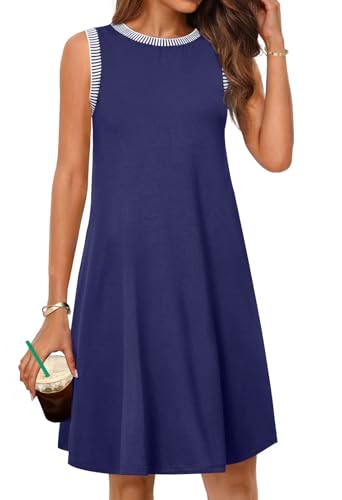 MEROKEETY Damen Sommerkleid 2025 Casual Sommerkleid Strand Urlaub Ärmellos Tank Rundhals Coverup Minikleider, Marineblau, Mittel von MEROKEETY