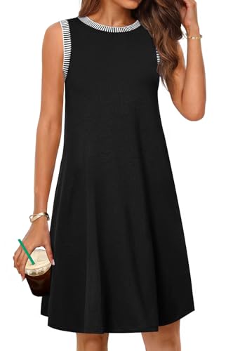 MEROKEETY Damen Sommerkleid 2025 Casual Sommerkleid Strand Urlaub Ärmellos Tank Rundhals Coverup Minikleider, Schwarz, Klein von MEROKEETY