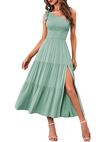 MEROKEETY Damen-Sommerkleid, ärmellos, Knoten, gesmokt, Midikleid, geteilt, gestuft, fließend, Salbei, Mittel von MEROKEETY