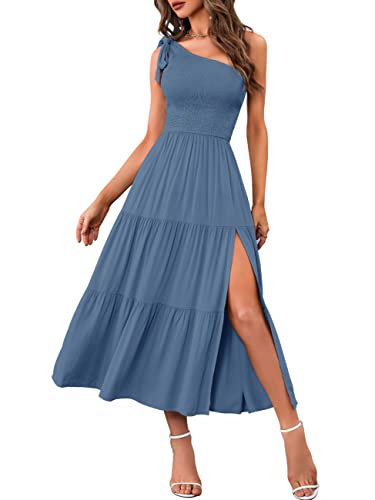 MEROKEETY Damen-Sommerkleid, einschultrig, ärmellos, Knoten, gesmokt, Midi-Kleid, geteilt, gestuft, fließend, dusty blue, Mittel von MEROKEETY