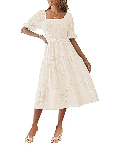 MEROKEETY Damen-Sommerkleid 2024, Kurze Puffärmel, gesmokt, quadratischer Ausschnitt, Blumenmuster, gestuftes Midikleid, Beige, Mittel von MEROKEETY