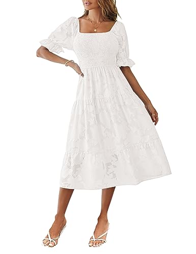 MEROKEETY Damen-Sommerkleid 2025, Kurze Puffärmel, gesmokt, quadratischer Ausschnitt, Blumenmuster, gestuftes Midikleid, Weiss/opulenter Garten, Mittel von MEROKEETY