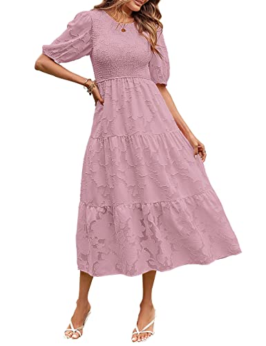 MEROKEETY Damen-Sommerkleid mit Puffärmeln und gesmoktem Blumenmuster, Rundhalsausschnitt, Spitze, fließend, gestuft, Midi-Kleider, Violett, Groß von MEROKEETY