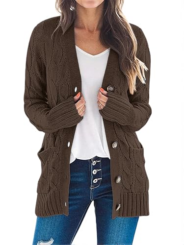 MEROKEETY Damen Strickjacke 2025 Herbst Langarm Zopfstrick Cardigan Pullover Open Front Button Loose Outerwear, Dunkelbraun, X-Groß von MEROKEETY