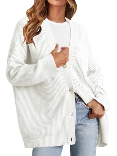 MEROKEETY Damen Strickjacke Pullover 2023 Herbst Open Front Oversized Knopf V-Ausschnitt Lose Weiche Strick Outwear, Beige, Mittel von MEROKEETY