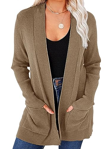 MEROKEETY Damen Strickjacke mit offener Vorderseite, Waffelstrick, langärmelig, gemütlich, mit Taschen, khaki, X-Groß von MEROKEETY