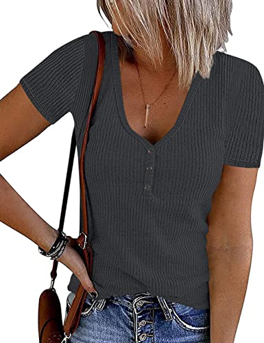 MEROKEETY Damen-Sommer-T-Shirt, kurzärmelig, V-Ausschnitt, lässig, gerippt, Knopf, Henley-Strick-Top, Bluse, Dunkelgrau, X-Groß von MEROKEETY