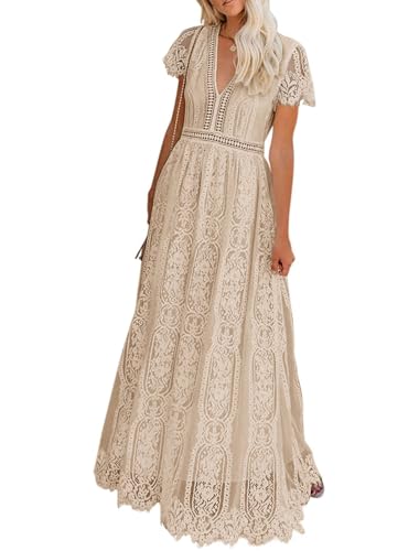 MEROKEETY Damen V Ausschnitt Kurzarm Floral Spitze Hochzeitskleid Brautjungfer Cocktail Party Maxikleid, Aprikose, X-Groß von MEROKEETY